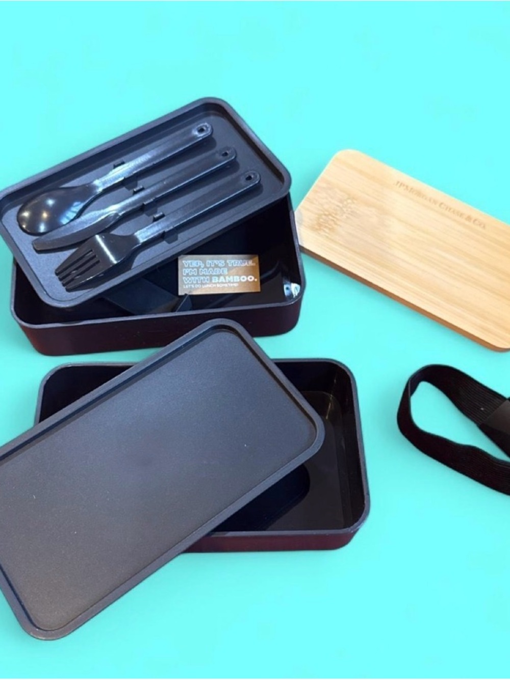 🖤 NEW Rare J.P. Morgan Chase Bamboo Bento Lunch Box w/ Utensils – Never Used